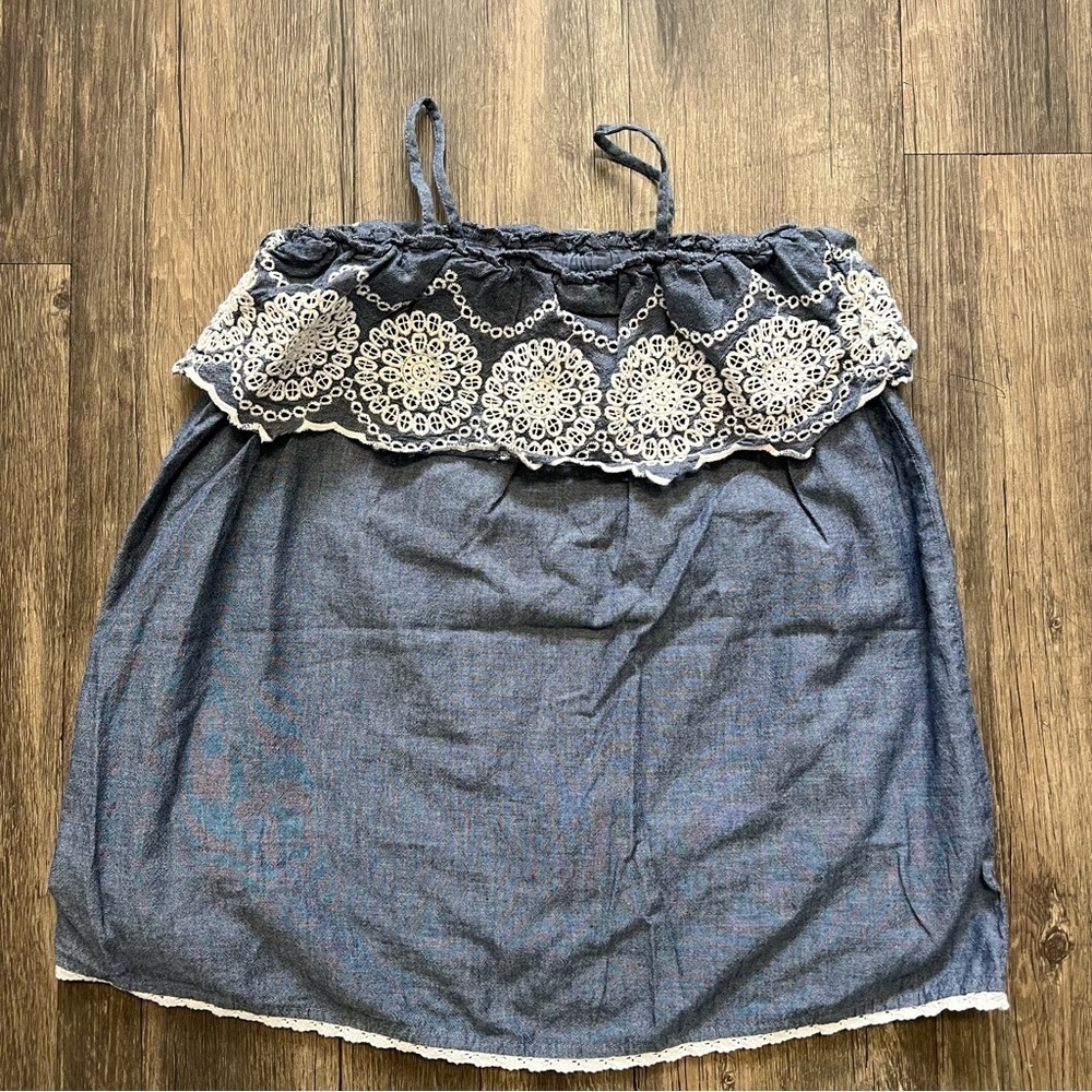Baby Gap Blue Ivory Cotton Crochet Embroidered Baby Doll Top Dress Size 3